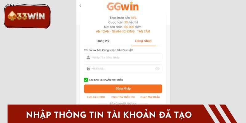 Nhập Thông Tin Tài Khoản Đã Tạo
